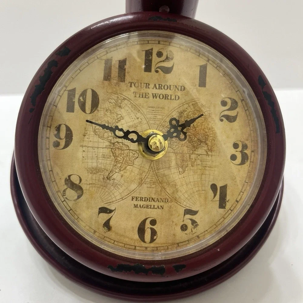 Vintage-Style Clock Red Antiqued Candlestick Phone Shaped Metal Distressed 13